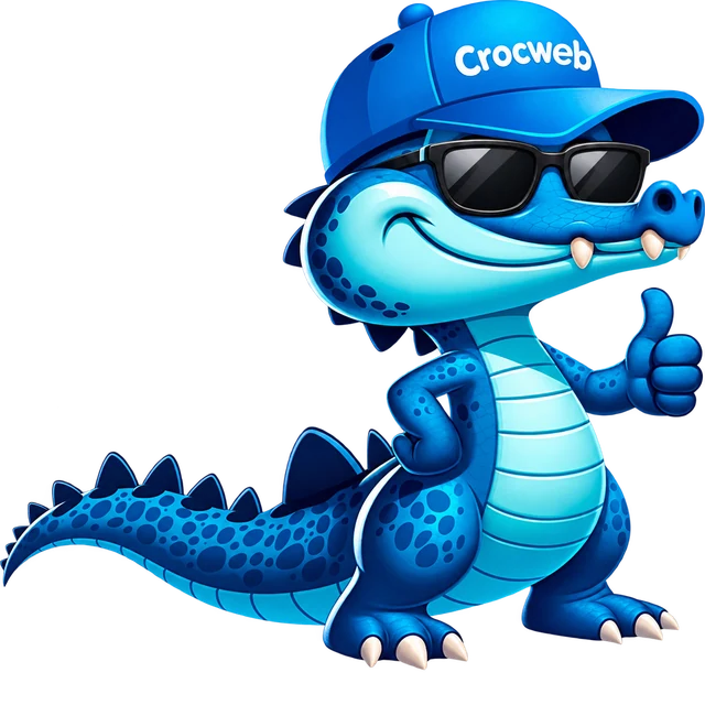 CrocWeb mascot, a friendly blue crocodile wearing shades